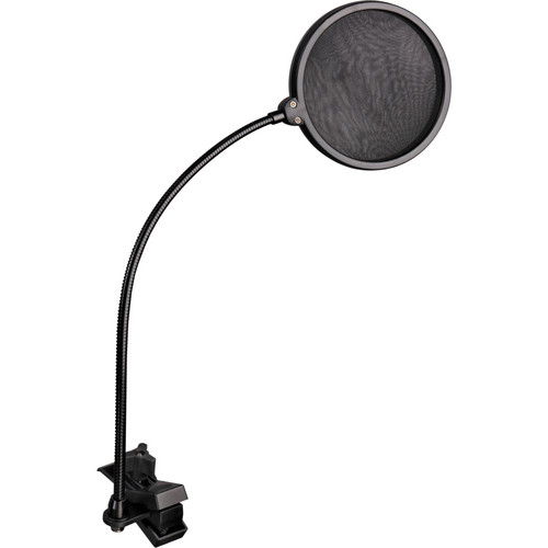 A microphone pop filter bent to the right, with a clamp on the other end.