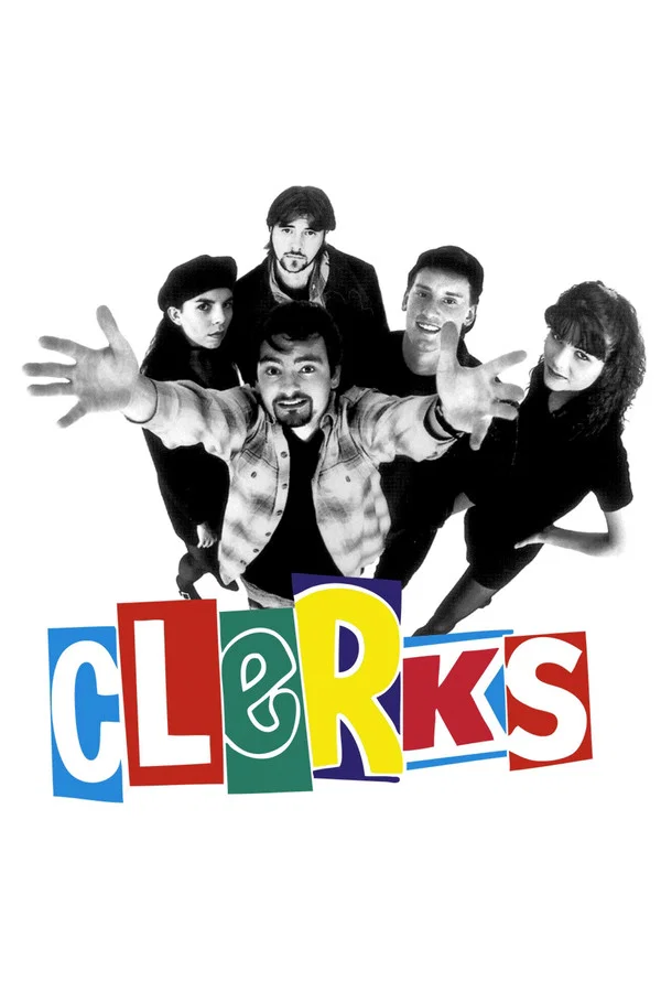Poster from Clerks featuring high-angle image of five adults