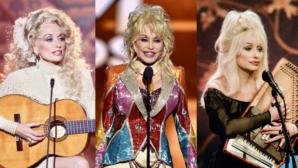Three photos of Dolly Parton on stage